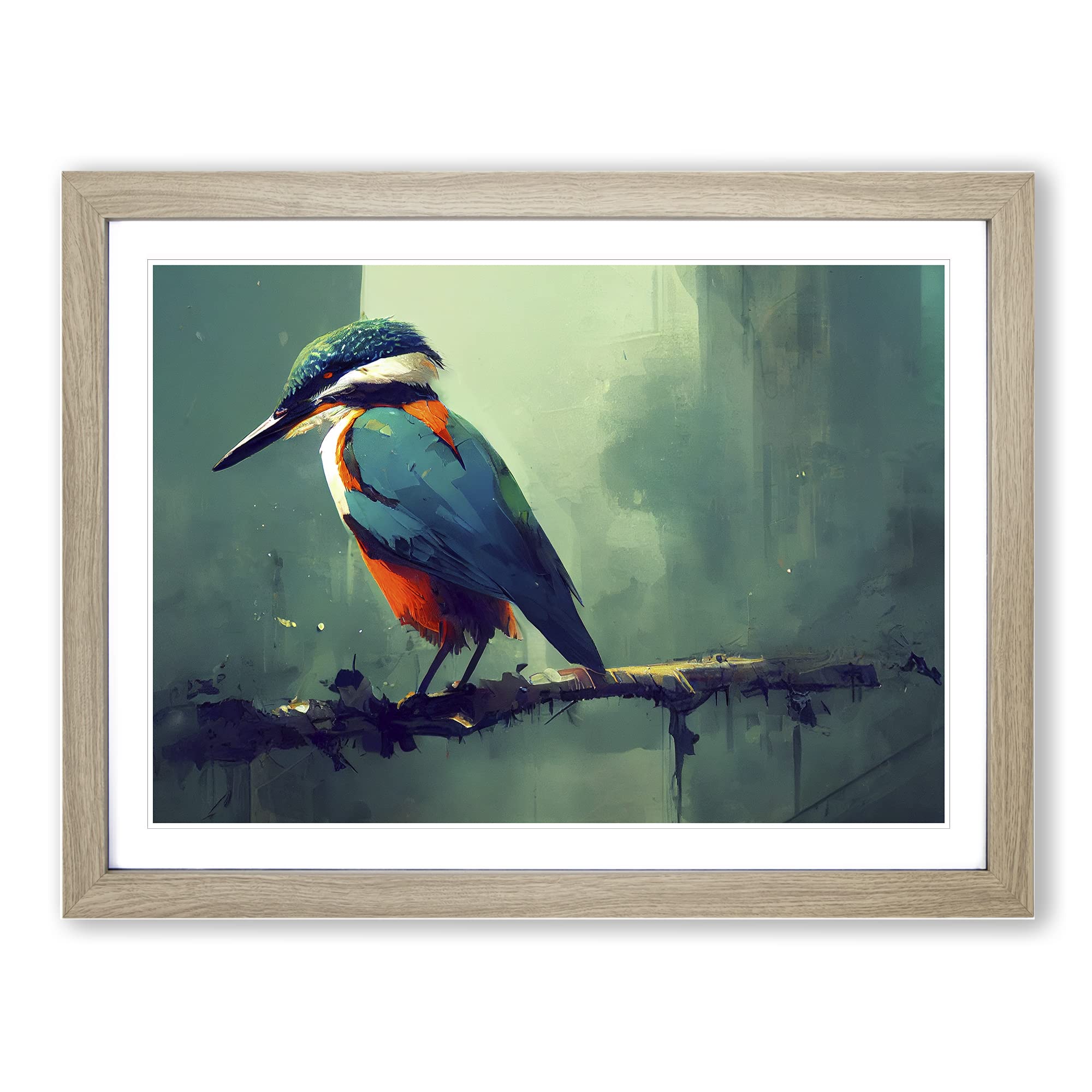Kingfisher Bird Art Painting Vol.5 Framed Print | A4 Oak Framed Wall Art | Ready to Hang | Modern Historical Picture | Living Room Bedroom Lounge Office