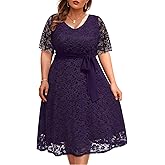 Women Plus Size Lace Bridal Shower Wedding Guest Cocktail Semi Formal V Neck Short Sleeve Midi Dresses