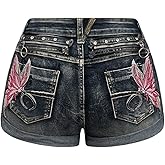 SOLY HUX Women's Y2k Butterfly Embroidery Distressed Jean Shorts Vintage Low Rise Mini Denim Shorts