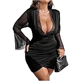 Floerns Women's Plus Size Deep V Neck Lace Dress Long Bell Sleeve Wrap Party Mini Dresses