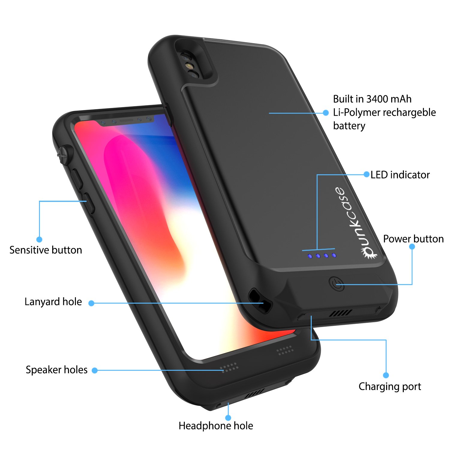 PunkJuice iPhone X Battery Case, Waterproof IP68 Certified Charger Cover W/Built-in Screen Protector [Ultra Slim] Fast Charging & Protective 3600mAh Power Juice Bank for Apple iPhone Xs & X [Black]
