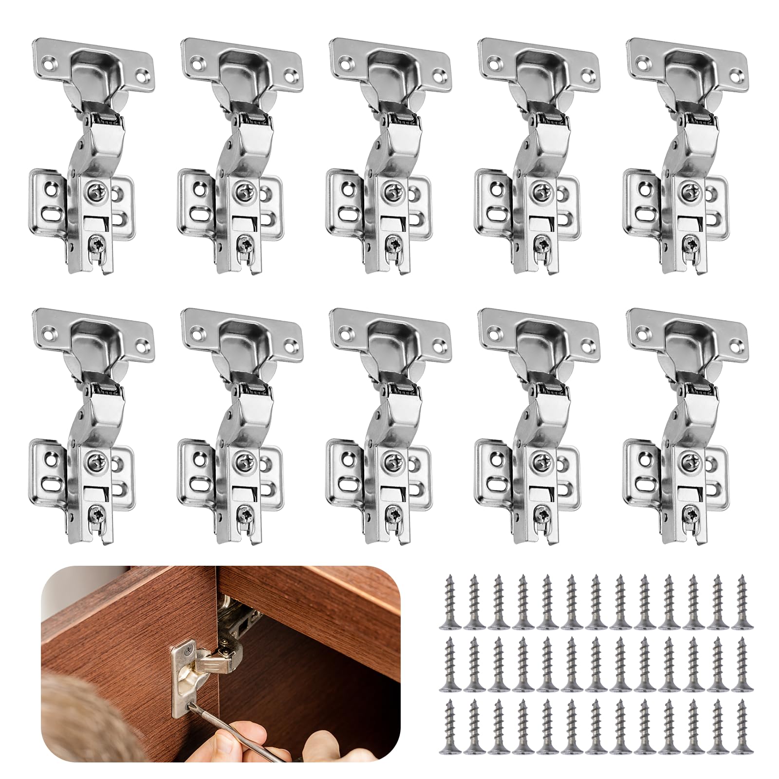 POPAPIE 10 Pcs Cabinet Hinges Silver Soft Close Hinges for Kitchen Cupboards Mute Wardrobe Doors Hinges with Screws