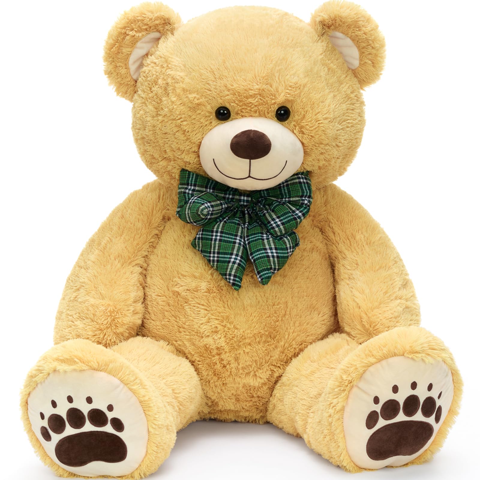 MorisMos Giant 120cm Teddy Bear, Light Brown Plush with Grid Bow Tie, Soft & Cuddly Big Bear, Perfect Birthday for Girls, Boys, and Teens, Easy-Care Nursery Room Decor