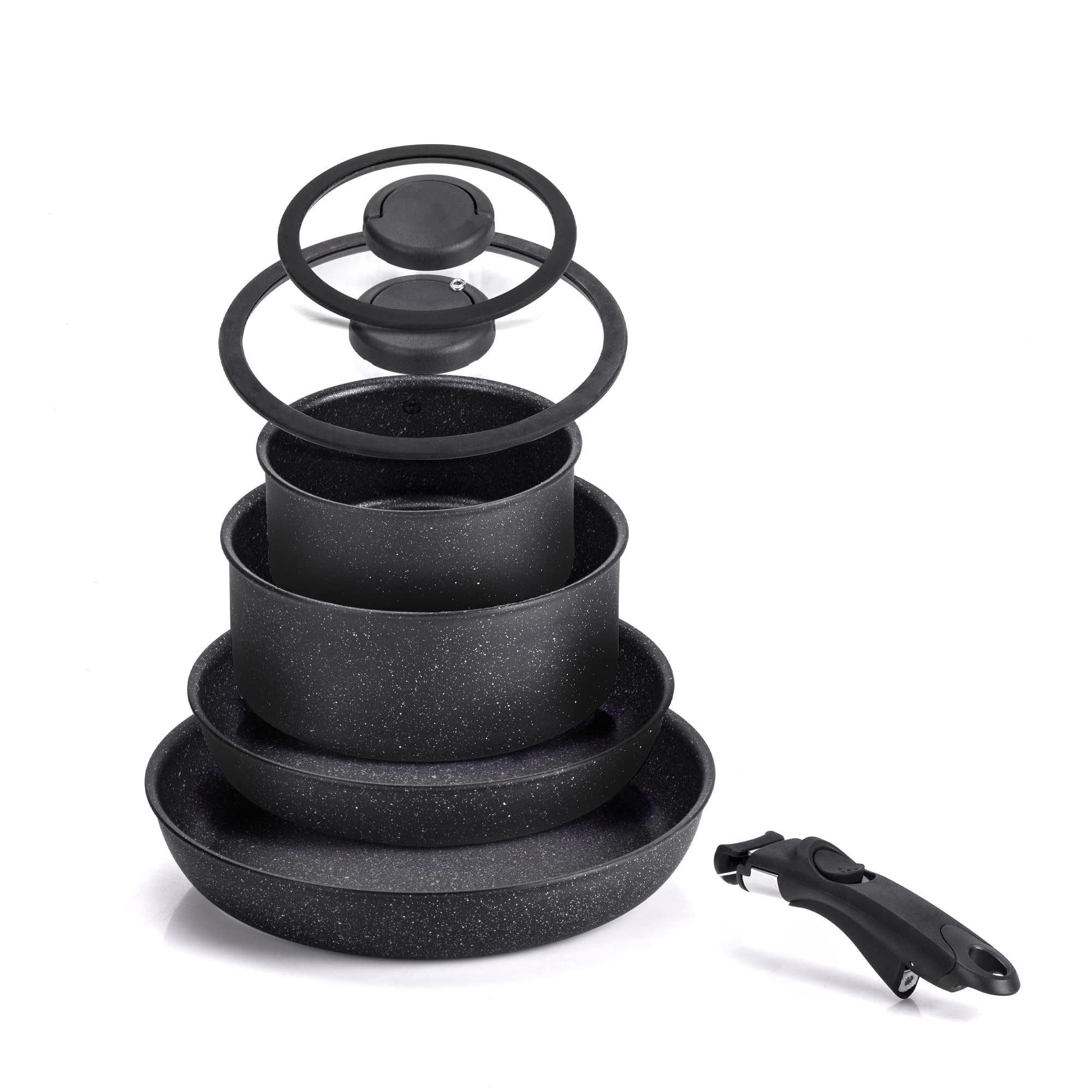 Moneta 7-Piece Silver Aluminum Cookware Set, 1 Removable Handle, 24 & 28 cm Pan, 16 & 20 cm Saucepan, 16 & 20 cm Glass Lid with Silicone Edge (Without Induction)