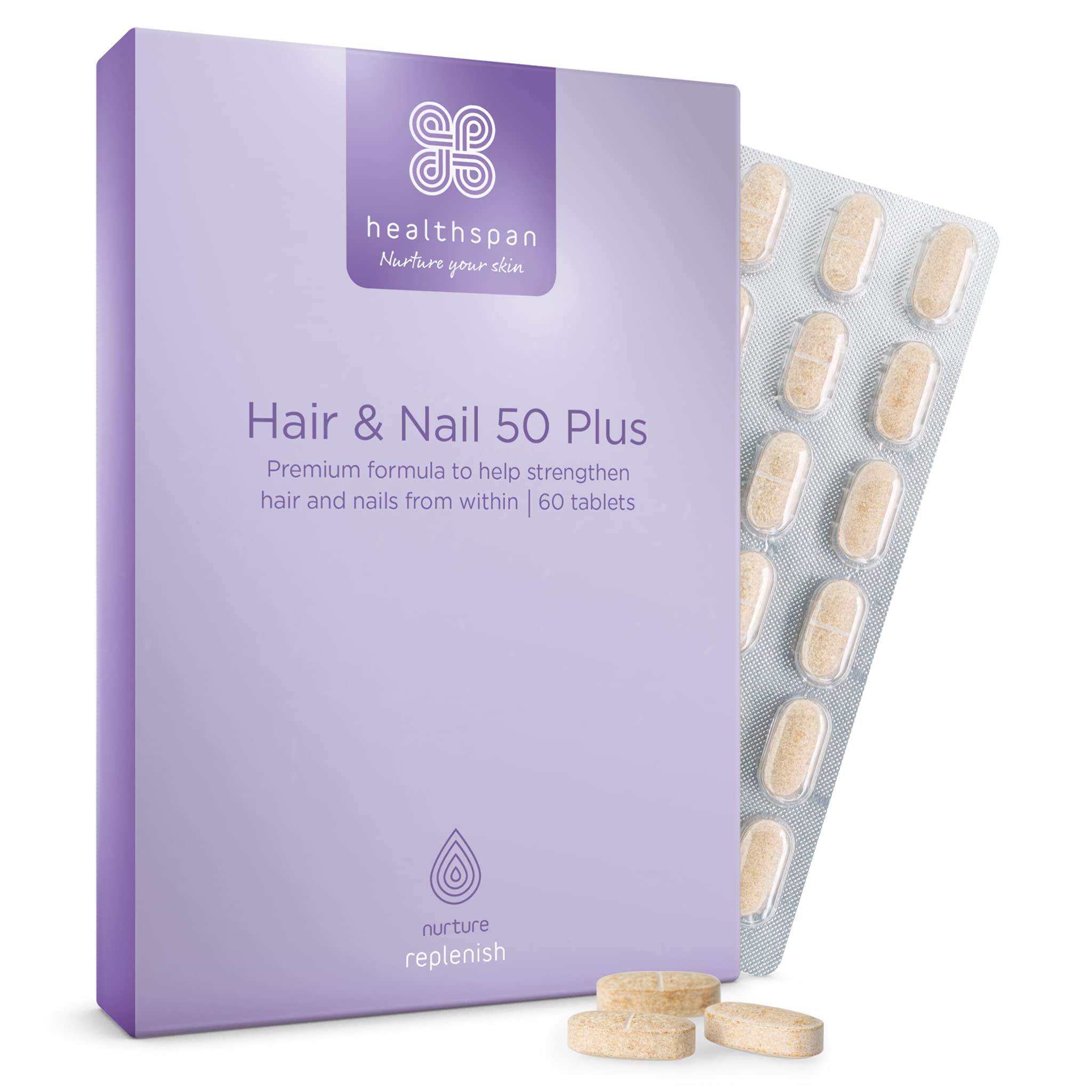 Healthspan Hair & Nails 50 Plus | Formulated for peri- and Post- menopausal Women | Promotes Strong Hair & Healthy Nails | with Soy isoflavones, Biotin, Selenium & Zinc | Vegan (60 Tablets)