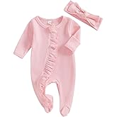 Ayalinggo Newborn Baby Romper Infant Girl One-piece Outfit Waffle Ruffle Zip Footie Spring Summer Clothes With Bow Headband