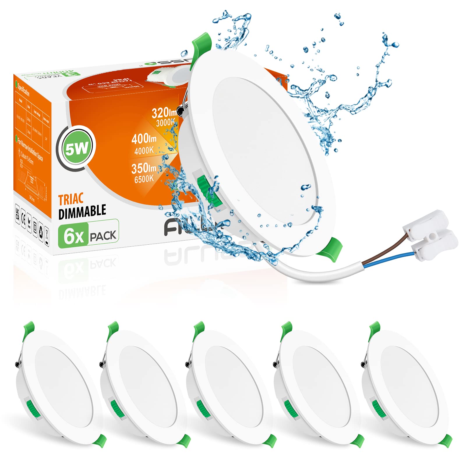ALUSSO LED Recessed Ceiling Lights Dimmable, 5W IP65 LED Bathroom Spotlights, Warm White 3000K-Neutral White 4000K-Cool White 6500K Adjustable, Cut Φ75-85MM, 30MM Ultra-Slim Round Downlights, 6 Pack
