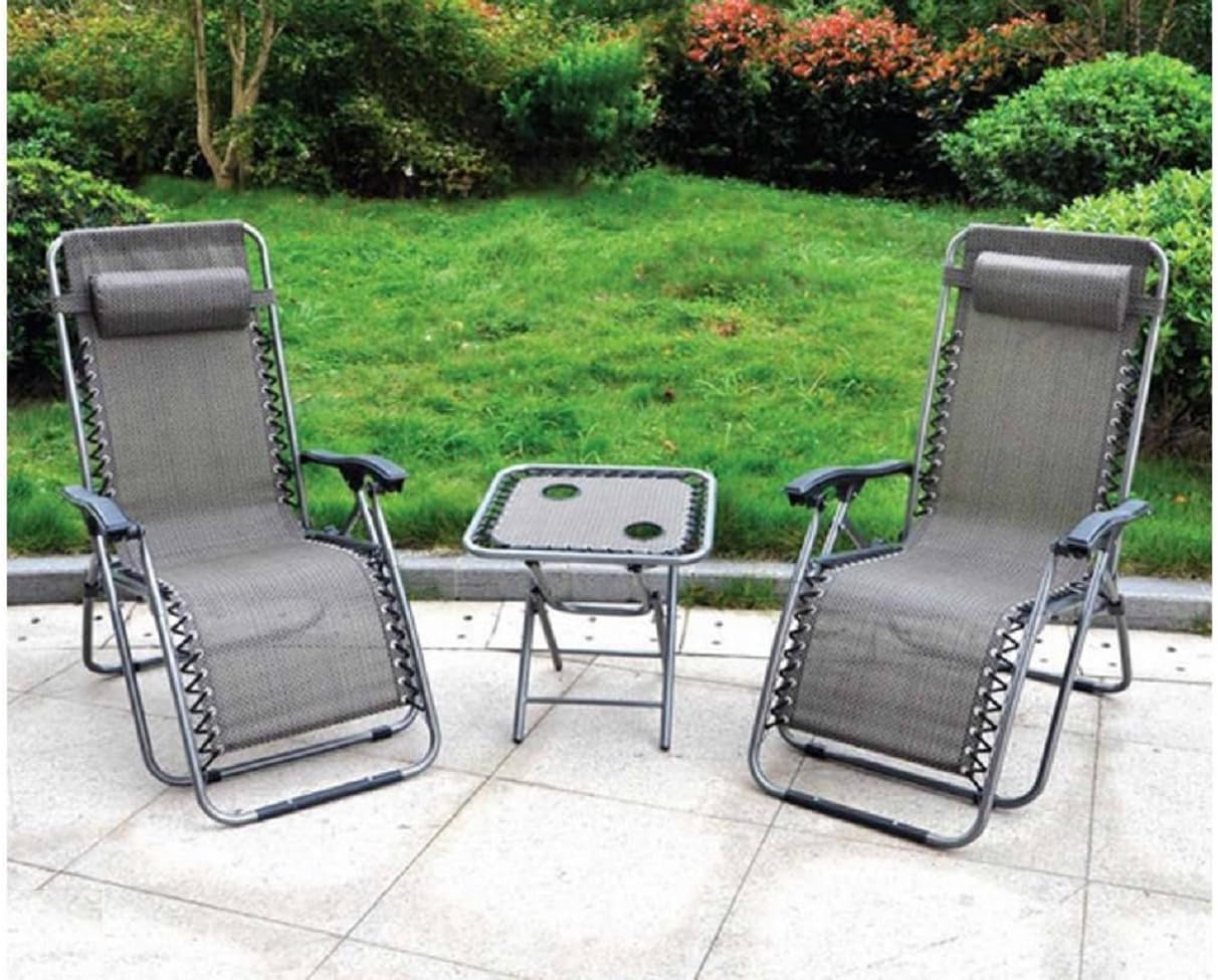 3 Piece Gravity Textoline Chair Table Set Garden Reclining Recliner Sun Lounger Furniture Neat Tidy Beautiful Contemporary Outdoor Living Garden Conservatory Patio Summer Sunny Innovative (Black)