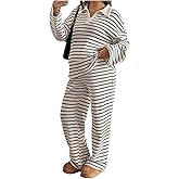 Verdusa Women Maternity Sets 2 Piece Striped Outfits Long Sleeve Sweatshirt with Lounge Pants Comfy Clothes