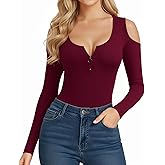 HERLOLLYCHIPS Womens Long Sleeve Tops Cold Shoulder Scoop Neck Zipper Front Fitted Shirts