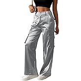 Women's Satin Cargo Wide Leg Pants Silky Party Dressy Casual Pocketed Pant Long Trouser