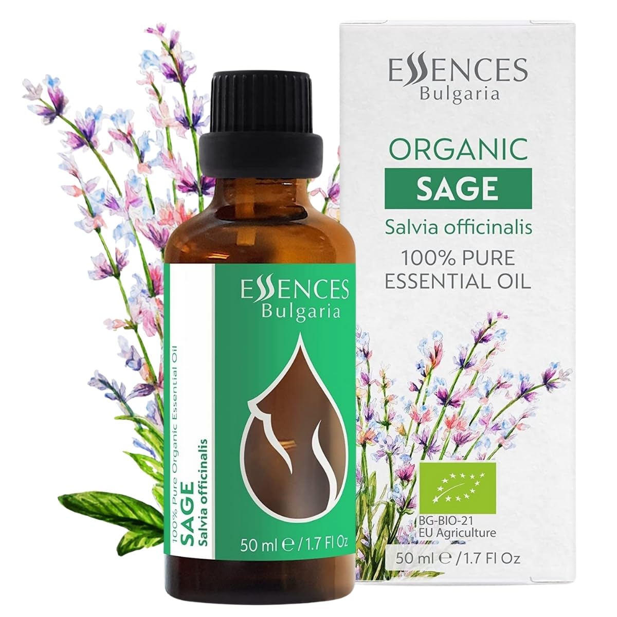 Essences Bulgaria Organic Sage Essential Oil 50ml | Salvia officinalis | 100% Pure and Natural | Undiluted | Therapeutic Grade | Family Owned Farm | Steam-Distilled | Non-GMO | Vegan
