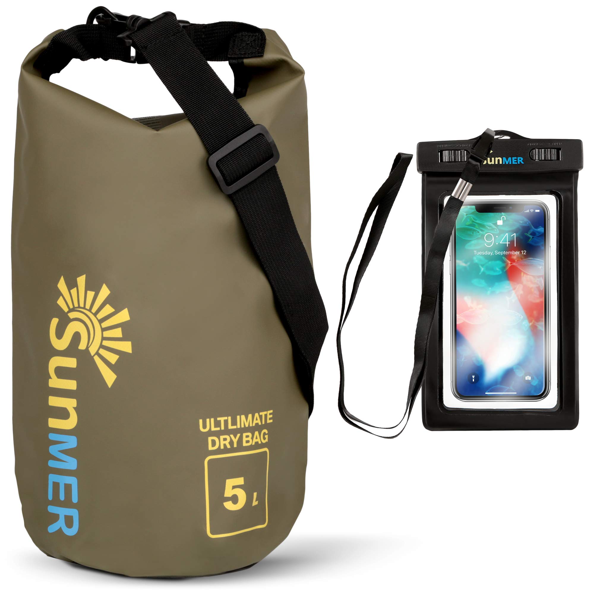 SUNMER 5L Army Green Waterproof Dry Bag With Waterproof Phone Case – IPX8 Rating Weather, Land or Sea - Great For Hiking, Fishing, Rafting, Kayaking, Swimming & Much More