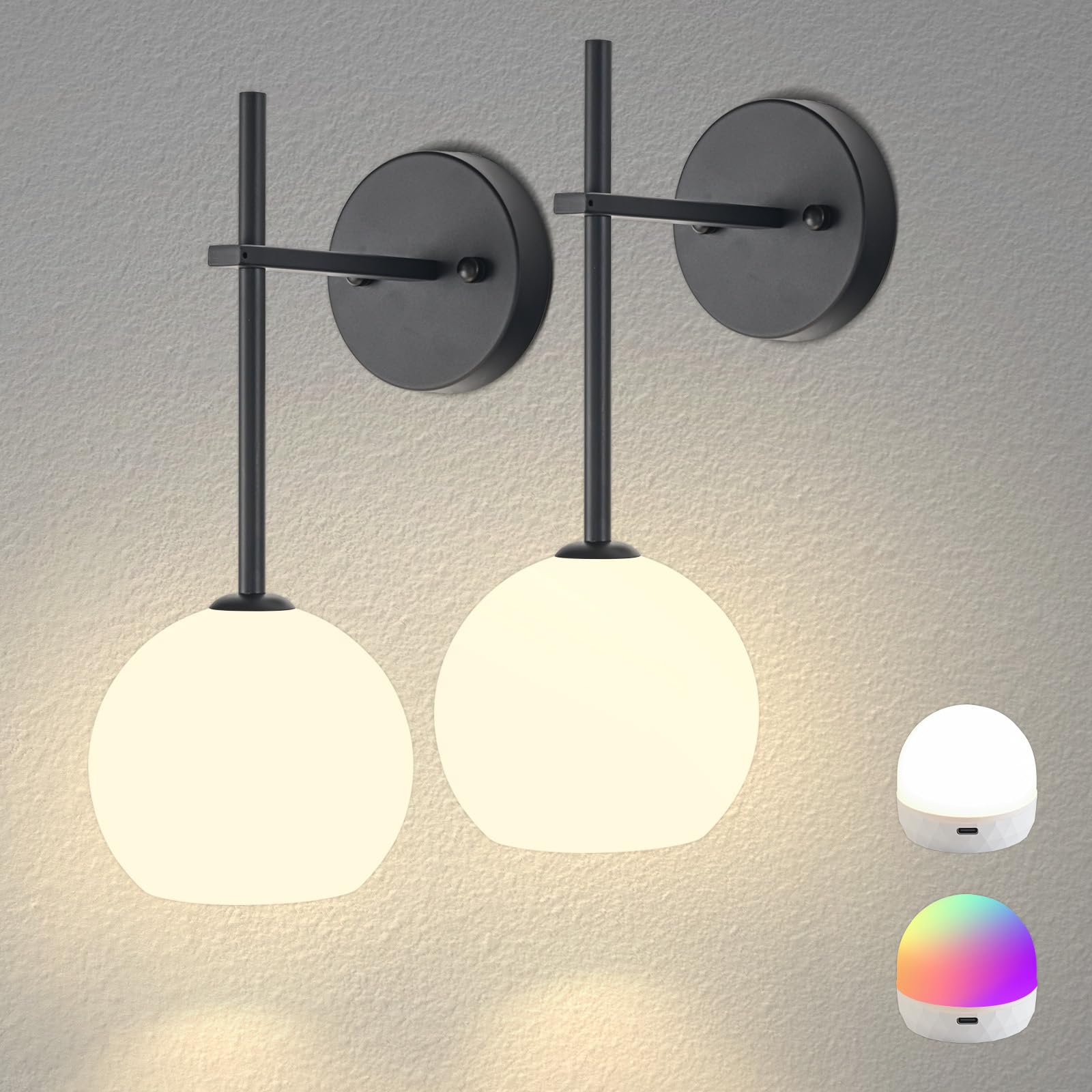Photo 1 of Black Battery Operated Wall Sconces Set of 2, Rechargeable Wireless Wall Lights with Milky White Frosted Glass Shade, 12 RGB and 3CCT Dimmable, Wall Lamps with Remote for Bedroom Living Room Hallway
