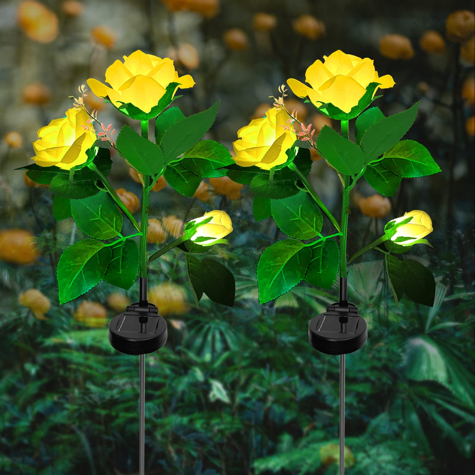 ZVO Solar Lights Outdoor Garden, LED Solar Powered Flowers Garden Lamp Waterproof Ornament with 6 Yellow Rose Lights, Solar Garden Outside Decorative for Yard Wedding Christmas Gift(2pcs Yellow)