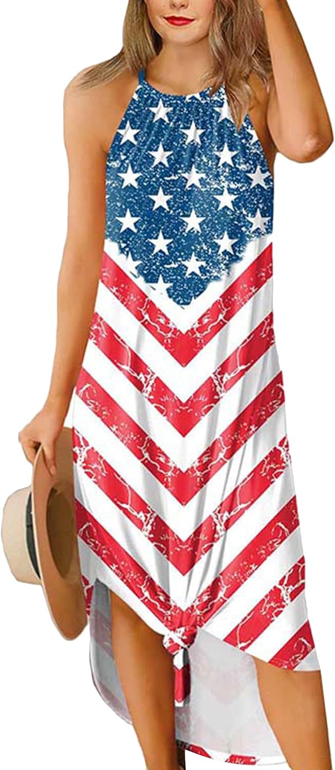 YMING Ladies 4th of July Maxi Dress Independence Day Sleeveless Halter