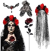 Day Of The Dead Costume For Women, Day Of The Dead Veil Set With Gloves Face Sticker, Halloween Cosplay Costume Accessories