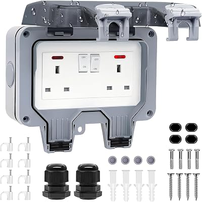 RICOKEY Double Outdoor Socket IP66 13A 2 Gang Weatherproof Wall Outlet