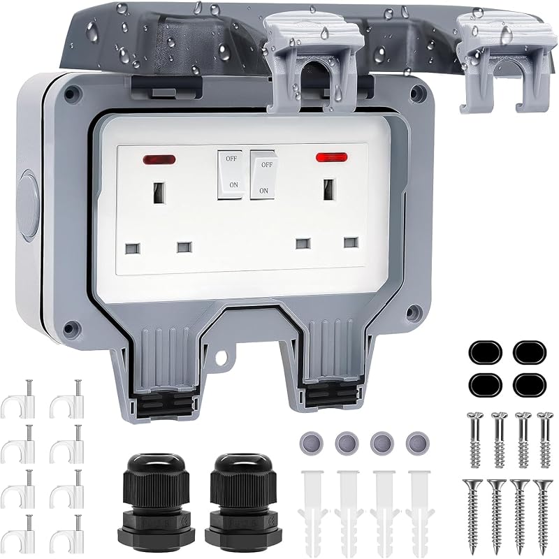 RICOKEY Double Outdoor Socket IP66 13A 2 Gang Weatherproof Wall Outlet