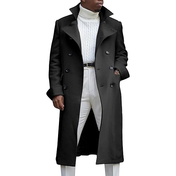 YSERB Mens Wool Blend Coat Notch Lapel Double Breasted Long