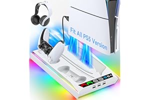 Rysker PS5/Slim/Pro Cooling Station with Quiet Cooling Fan and Fast Controller Charger for Disc & Digital Console, PS5 Accessories Incl. 3 USB Ports, Screw and Headset