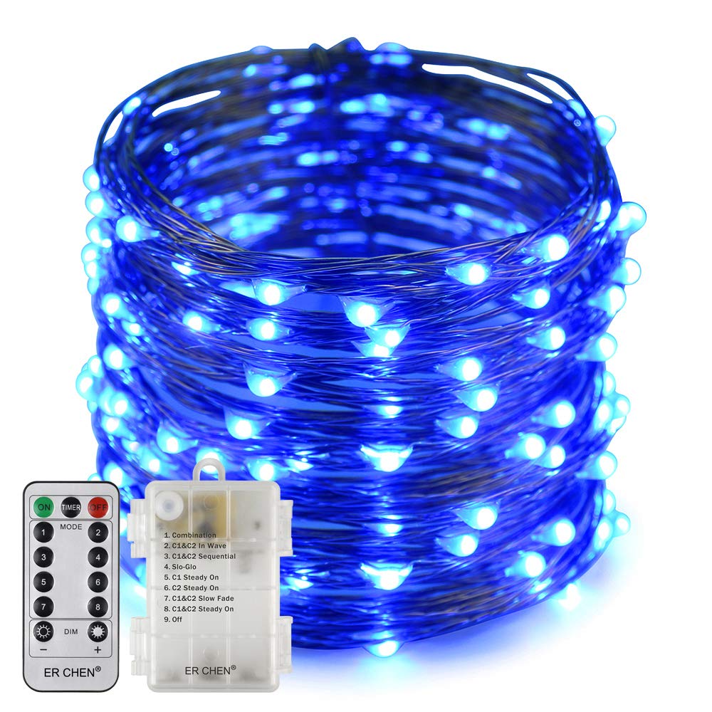 Erchen Battery Operated LED String Lights, Dimmable 66 FT 200 LED Ultra Thin Waterproof 8 Modes Timer Copper Wire Fairy Lights with 13 Key Remote Control for Indoor Outdoor Christmas Party (Blue)