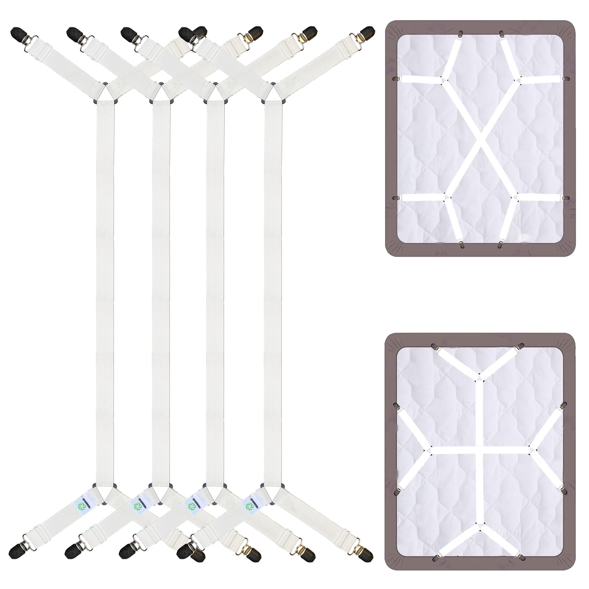 FIBOOMERANG Bed Sheet Clips - Crisscross Fitted Sheet Straps for Bedding, Sheet Grippers and Sheet Holder Elastic Bands Bedsheet Suspenders Fasteners, 4Pcs/Set White