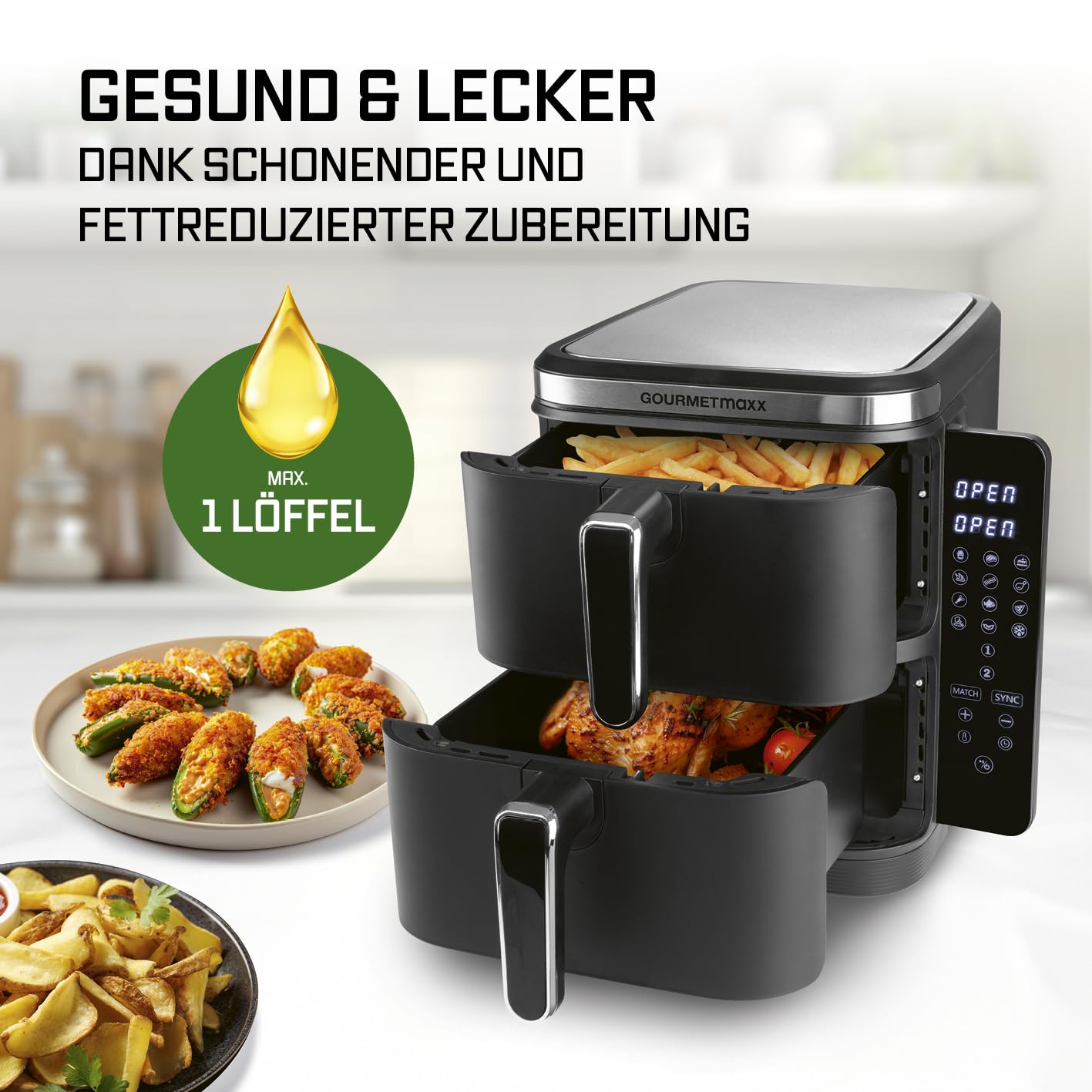 GOURMETmaxx FryUp Vertikale Doppelkammer Heißluftfritteuse | vertikaler Airfryer | klappbares Touchdisplay | 32% platzsparender | Fassungsvermögen 10L | Heißluftfritteuse 2 Kammern 7