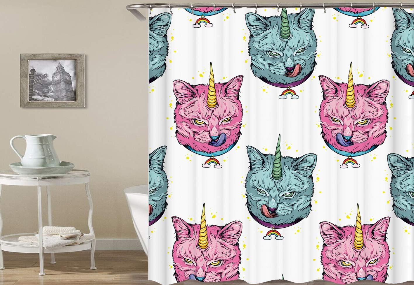 ajhgfjgdhkmdg Rosa Blaue Katze der Karikatur und Regenbogenkragen auf