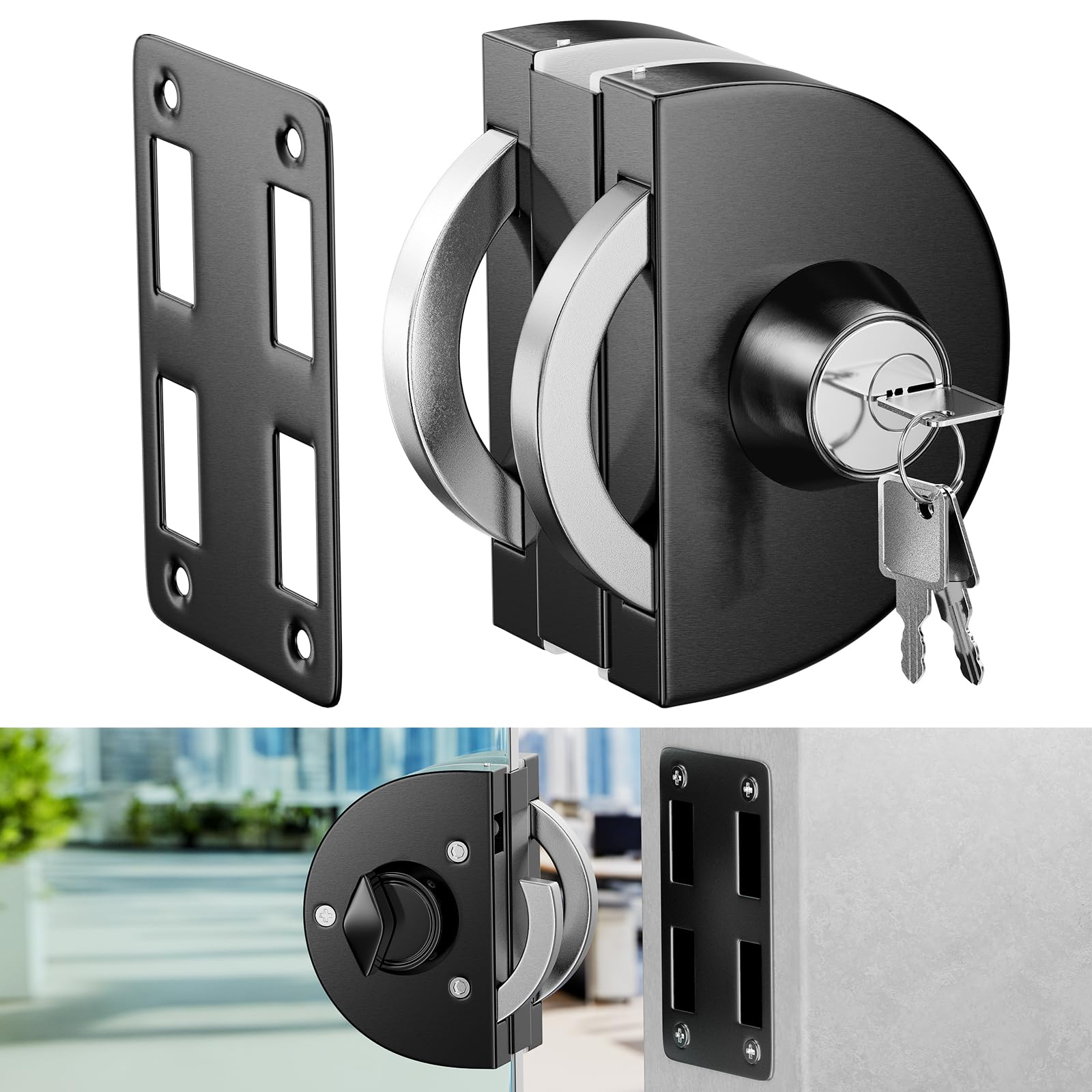 Ranbo Frameless Glass Double Sided Swing Door Lock, No-Drill, 304 Stainless Steel, Suitable for 3/8''-1/2'' (10mm-12mm) Thick Sliding Glass Doors, Office,Commercial Doors, 3 Keys, Brushed Black.