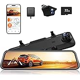 WOLFBOX 12'' Mirror Dash Cam with WiFi, 2.5K Rear View Mirror Camera with 1080P Rear Camera, WiFi Mirror Dash Cam Front and R
