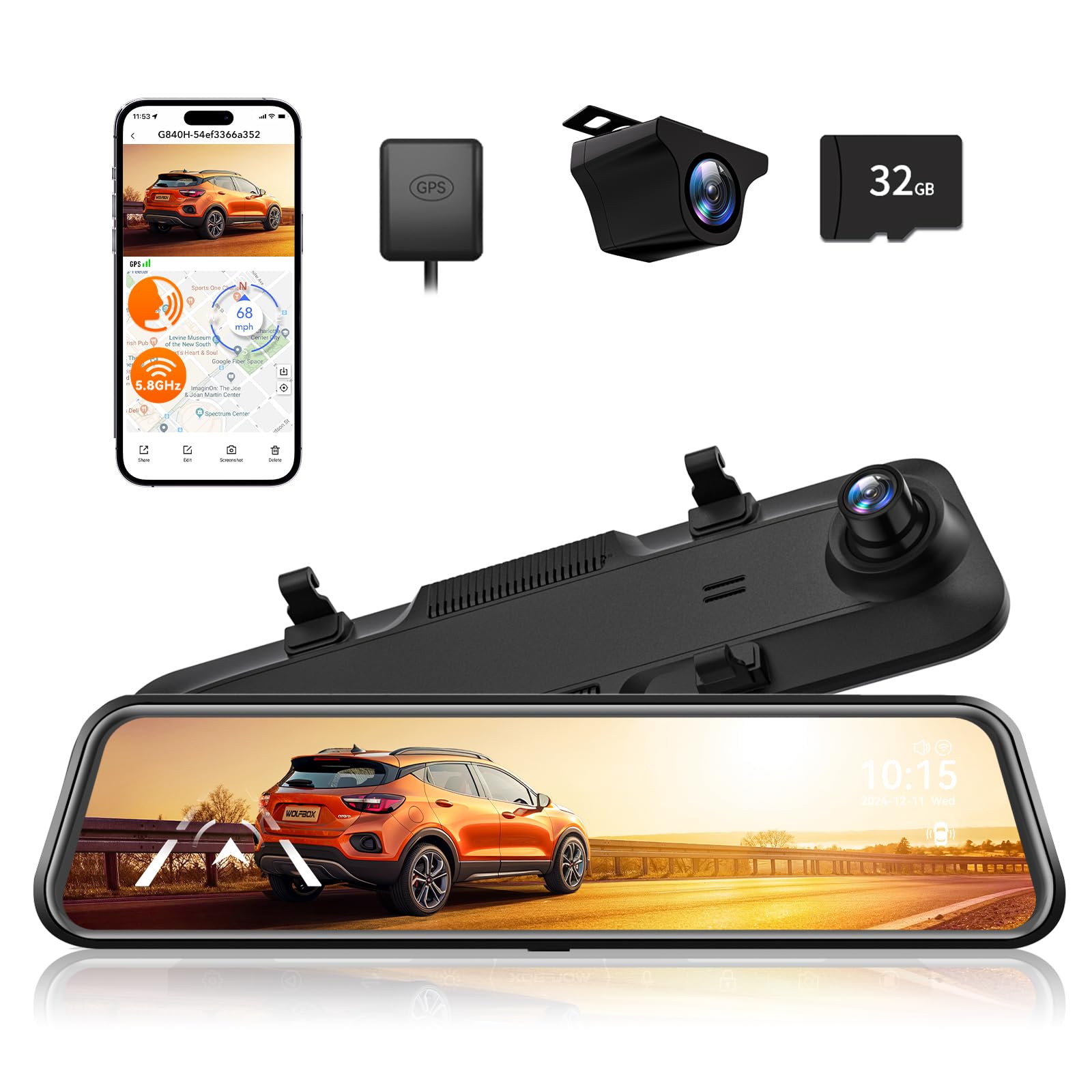 WOLFBOX G840H 12'' Mirror Dash Cam with ADAS and BSD, 2.5K Rear View Mirror Camera Front and Rear, 5.8GHz WiFi, Voice Control, Parking Monitor, Included 32GB Card & GPS, Loop Recording