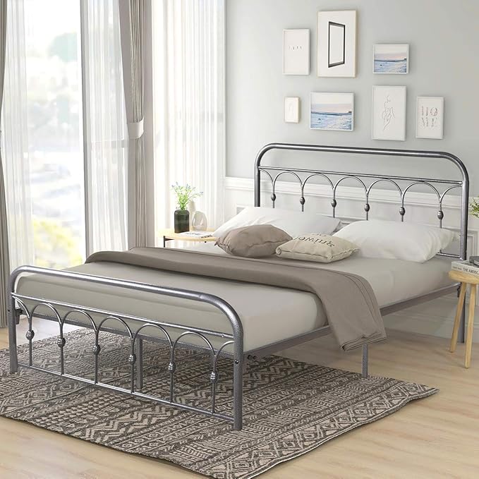 Queen Size Metal Bed Frame Platform No Box Spring Needed with Vintage Headboard and