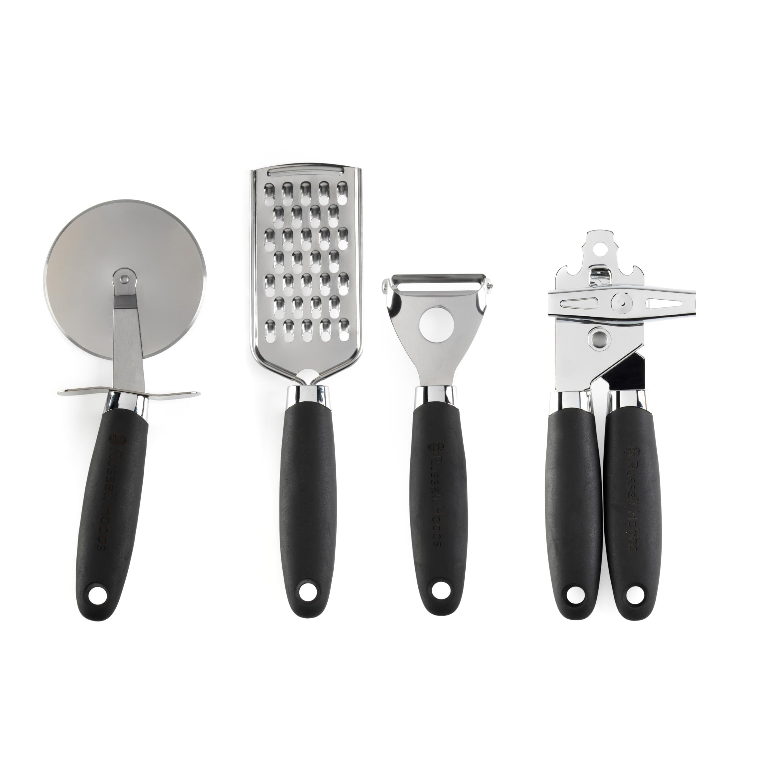 Russell Hobbs RH03233EU7 4-Piece Kitchen Gadget Set – Venus Collection, Peeler, Can Opener, Pizza Cutter, Grater, Hanging Hooks, Soft Touch Handles, Easy Clean, Kitchen Utensil Tools, Black
