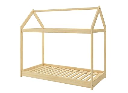 Kinderbett Kinderhaus Kinder Bett Holz Haus Schlafen Spielbett Hausbett - natural Massivholz - ACMA (180x80)