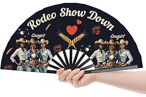COLORATO Cowgirl Fans with Click for Line Dance, Rodeo Show Hand Fan, Where Them Fans At, Boots On The Ground, Large Festival Folding Fan, 26 In