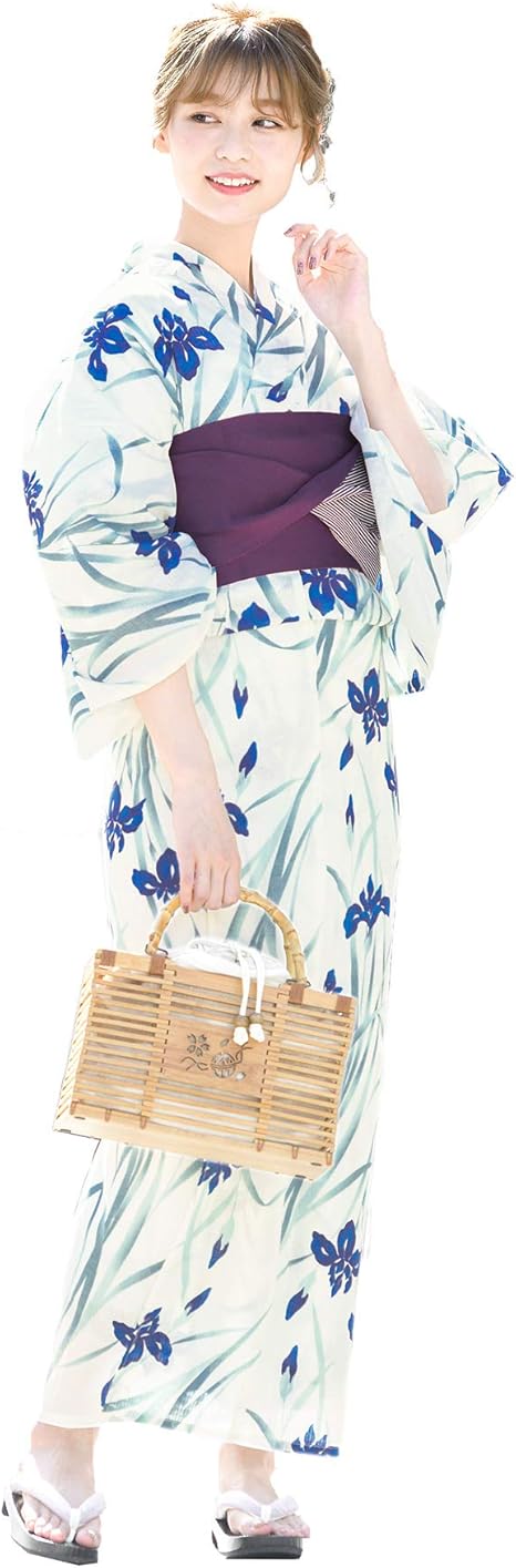 Amazon ソウビエン 浴衣 3点セット レディース レトロ 青系 白 菖蒲 花 モダン 綿 絽 変わり織り フリーサイズ 半幅帯 紫 浴衣 通販