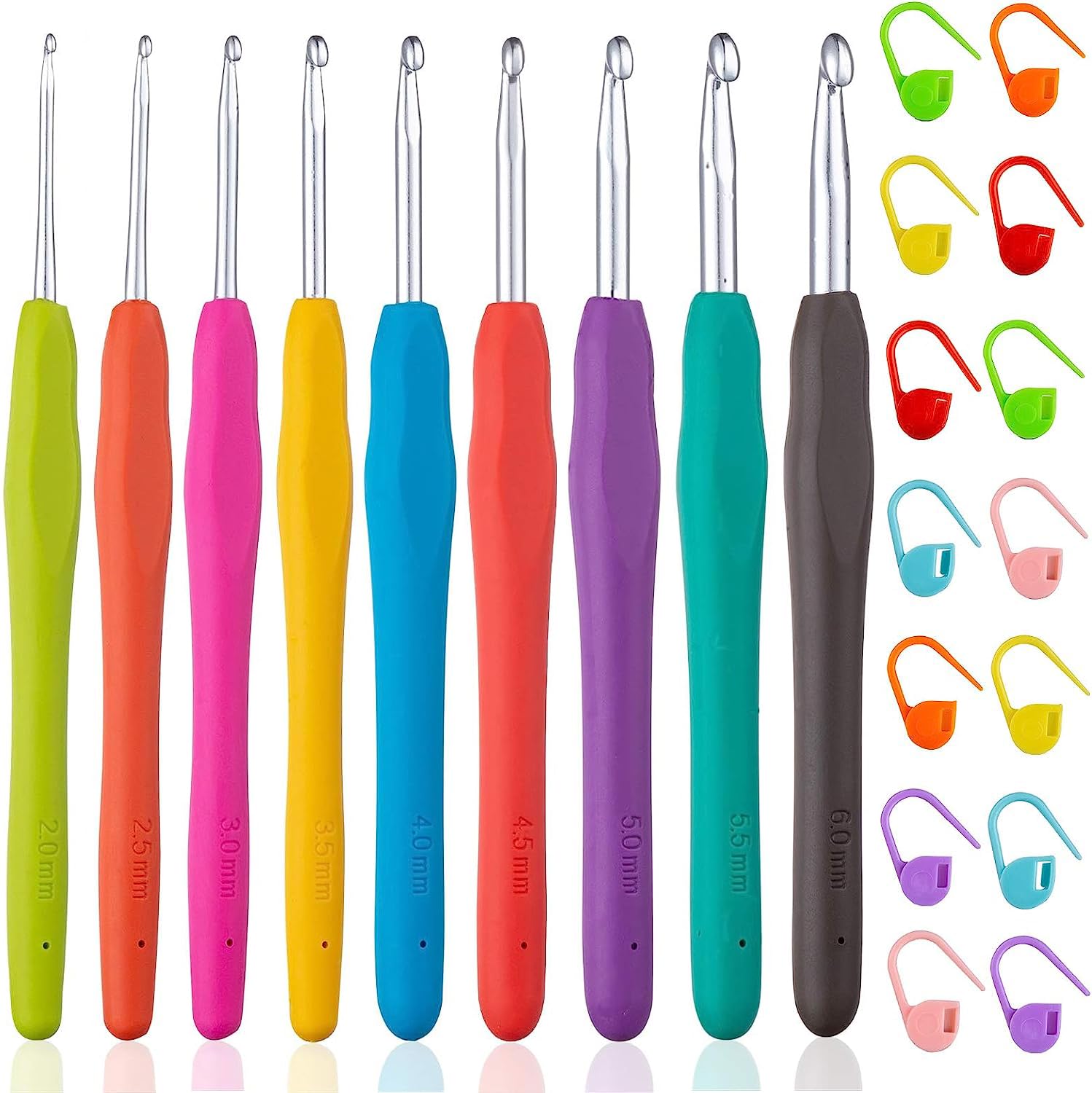 Crochet Hooks Set 9pcs Aluminum Knitting Needles Kit Ergonomic Soft Grip Rubber Handle Needles with 15 Knitting Crochet Locking Stitch Markers 2mm to 6mm