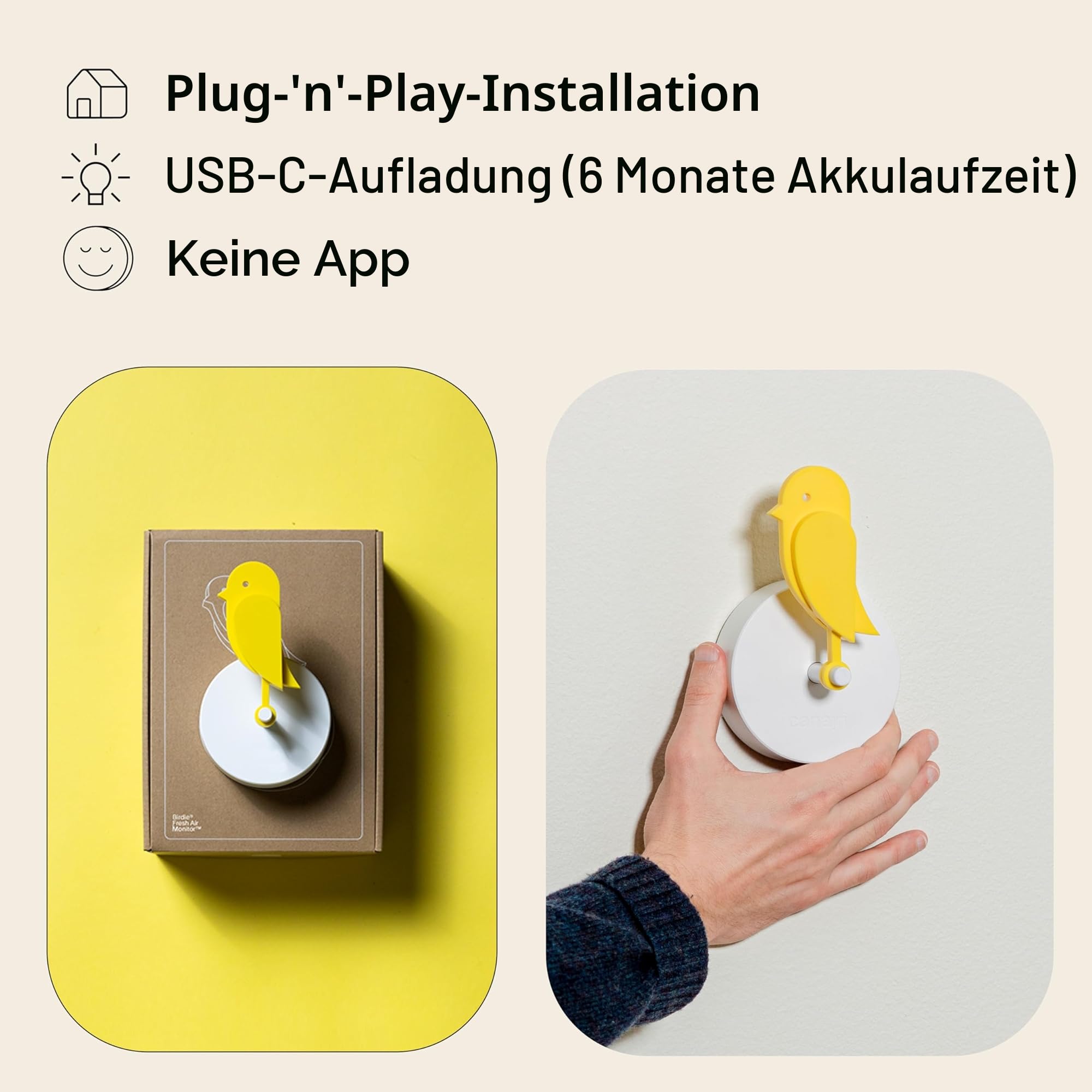 Birdie 2.0 - Design CO2-Monitor & Luftqualitätssensor - Air Monitor/Fresh Air Monitor für Zuhause und Büro - fördert geistige & körperliche Gesundheit - Wandmontage (Yellow) 5