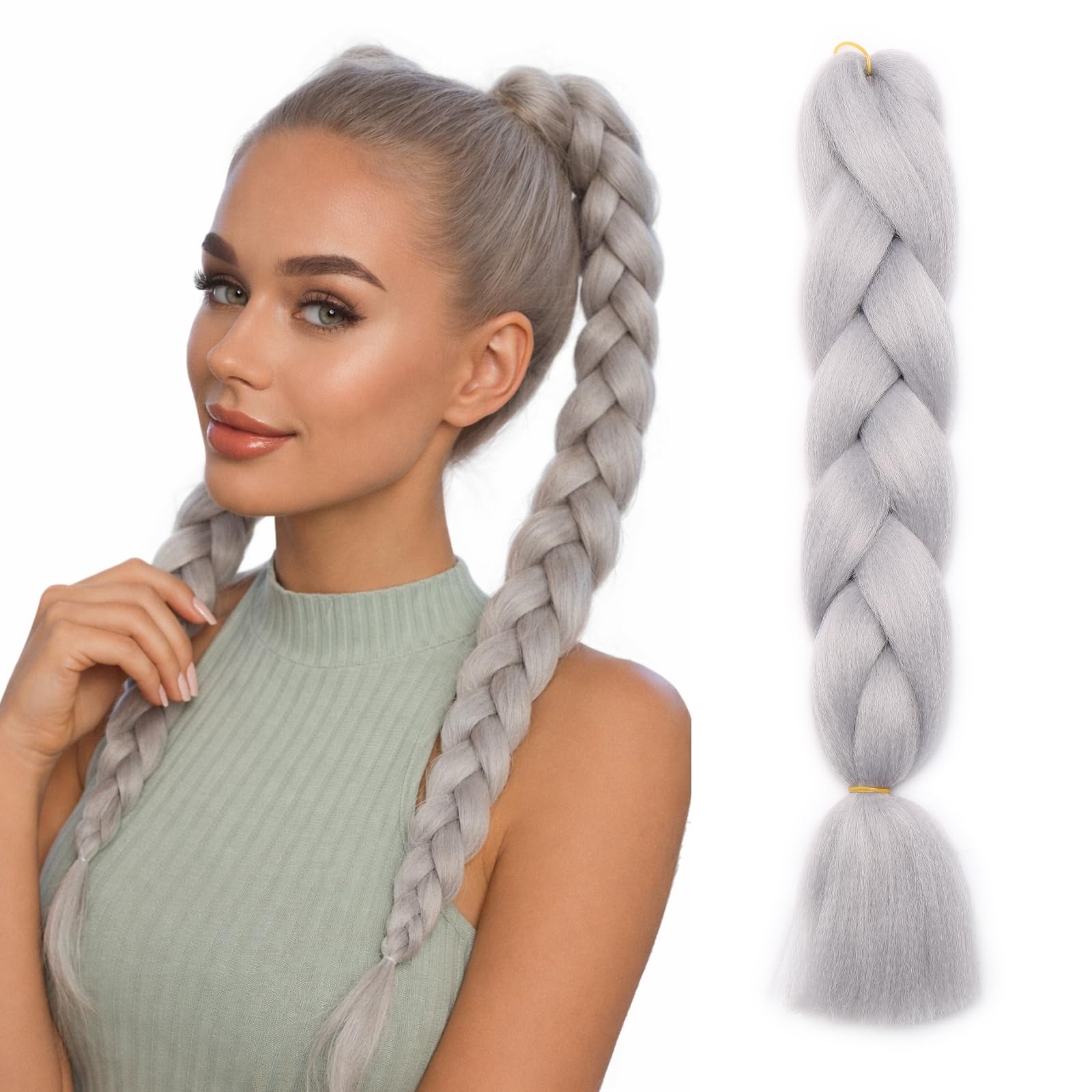 Benehair Braiding Hair Long Braids Extensions Hair 24 Inches Colorful Synthetic Hair for Braid Human Braiding Hair Light Gray Hair Extensions for Women(Light Gray, 100g)