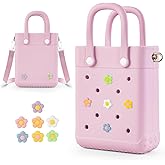 Mini Rubber Tote Bag with 7 Charms X-Small Waterproof EVA Beach Bag for Little Girls & Women Pool Crossbody | with 7 Charms, X-Small