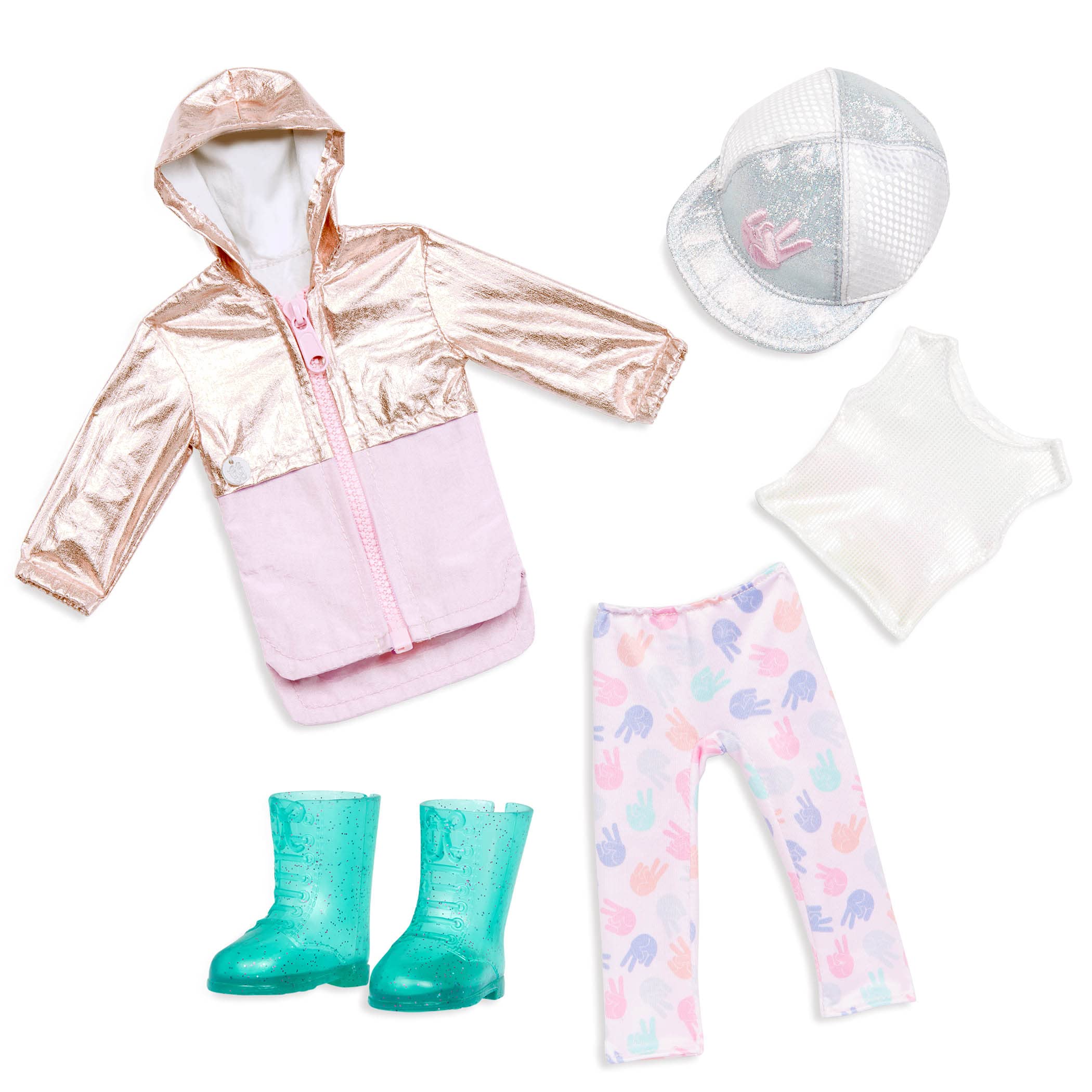 Glitter Girls – 14-Inch Doll Clothes – Shimmering Jacket & Ball Cap – Rain Boots, Leggings & Top 3+ Years – Peace & Love
