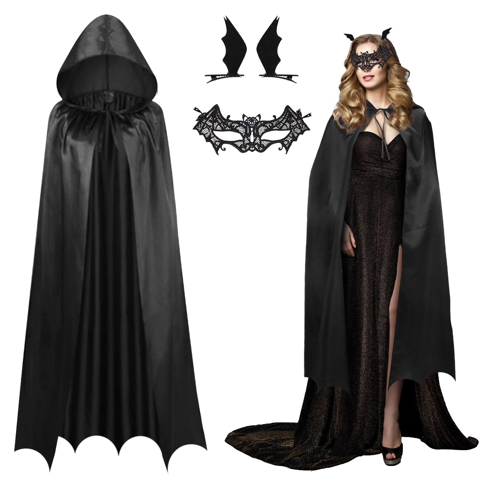 DKINY 3 Piece Ladies Black Bat Costume - Adult Vampire Hooded Cloak, Eyemask & Wing Hair Clips - Halloween Outfit for Women's Haunted House Party Cosplay — image 1