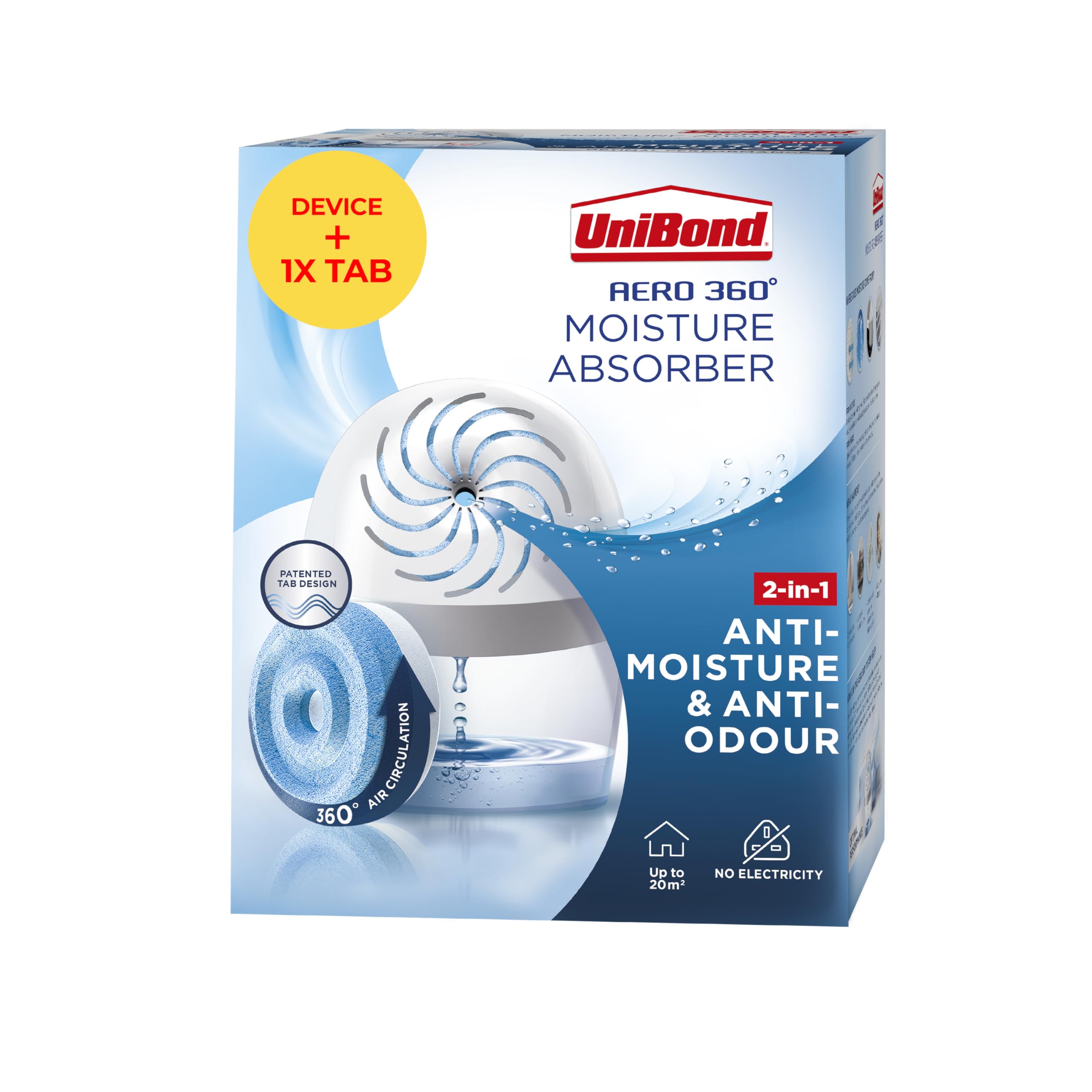 UniBond AERO 360� Moisture Absorber, 1 Device incl. 1 Refill Tab 450g, Ultra-Absorbent Dehumidifier, Helps to Prevent Condensation, Mould & Musty Smells, Recyclable, Refillable Condensation Absorber