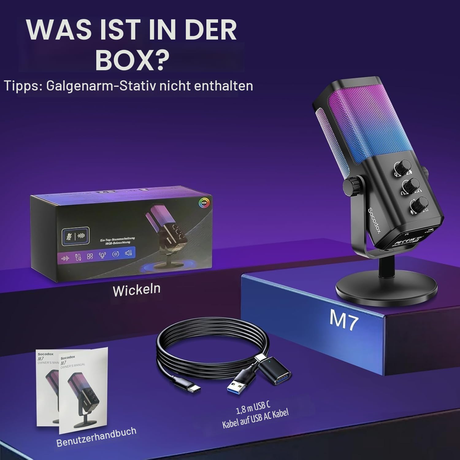 socodox Gaming Mikrofon USB Kondensator Mikrofon mit Game Chat Balance/Noise Cancelling, Microphone für PC Handy PS4 PS5 Mac für Streaming Podcast Studio Aufnahmen ASMR mit RGB/Stumm/Gain/Monitoring 7