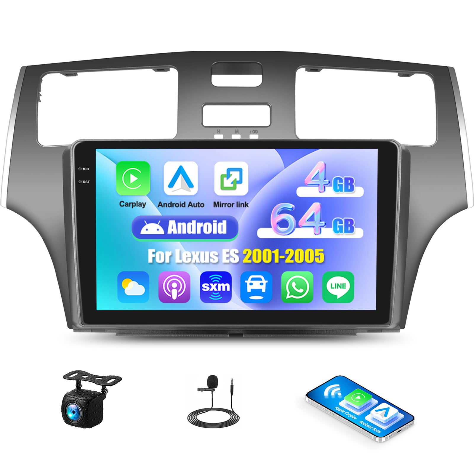 Photo 1 of [4G+64G] Android Car Radio for Lexus ES250 ES300 ES330 2001 2002 2003 2004 2005 2006 with Carplay Android Auto 9 Inch Touch Screen Bluetooth FM RDS/WiFi/GPS Navigation/SWC+AHD Backup Camera