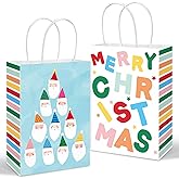 JarThenaAMCS Christmas Gift Bags with Handle Colorful Stripes Santa Paper Paper Bag Merry Christmas Candy Goodie Treat Bags for Birthday Baby Shower Party Favor Supplies, 16Pcs