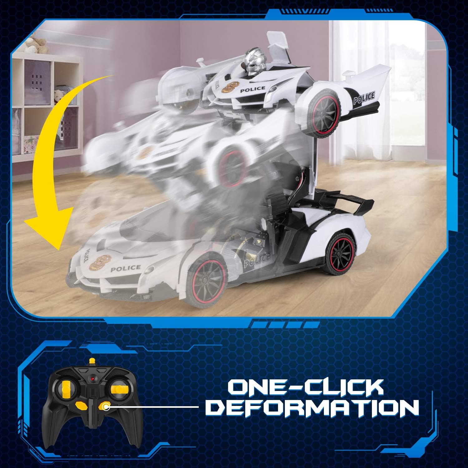 ZENFOLT Transform Car Robot, Remote Control Car One Button Transforms into Robot with Flashing Lights, RC Transforming Police Car Toy with 360 Degree Rotating Drifting: Toys & Games
