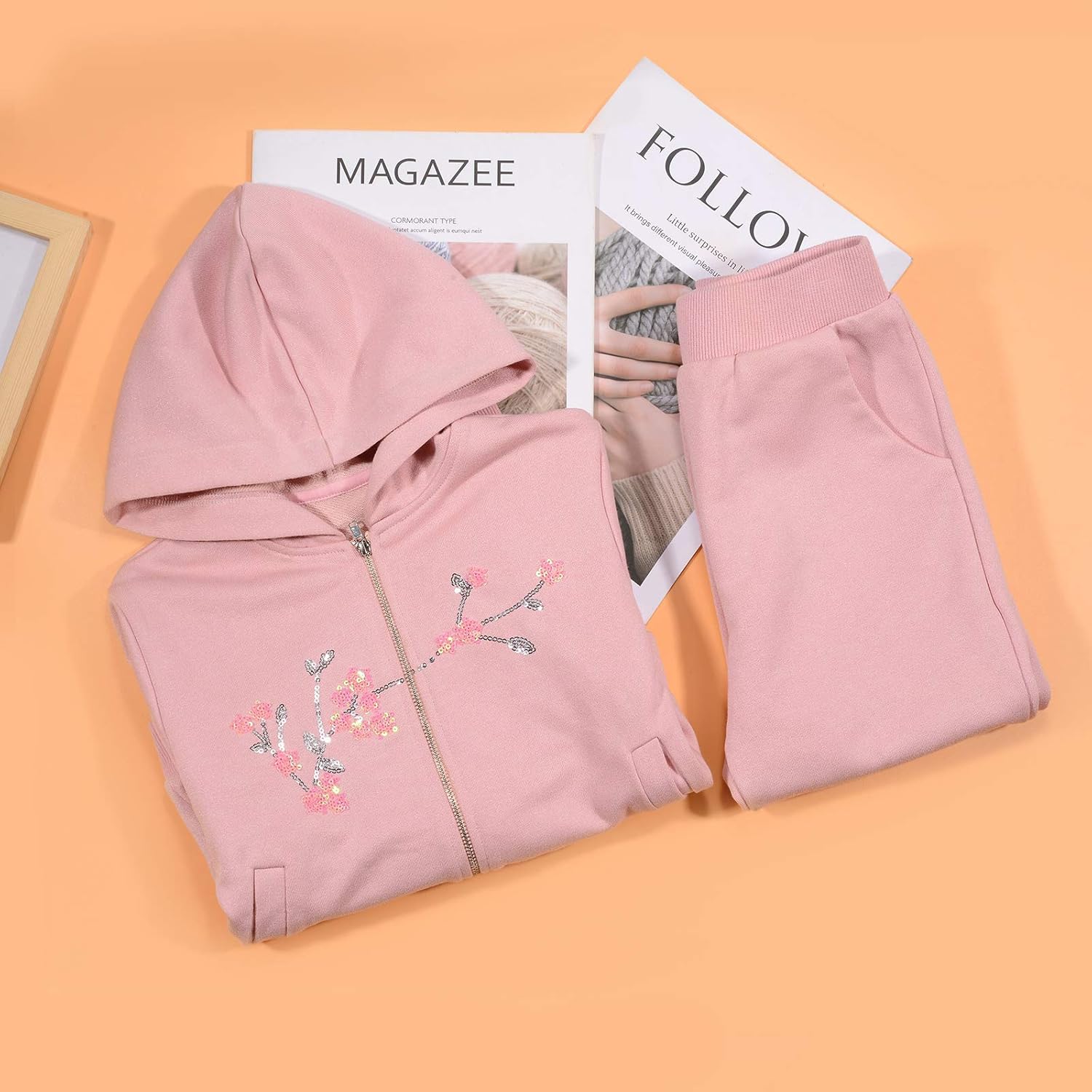 Girls Pants Sets, Crop Top Hoodie, Athletic Sweatsuit, Pink Sequins Embroidery: Clothing