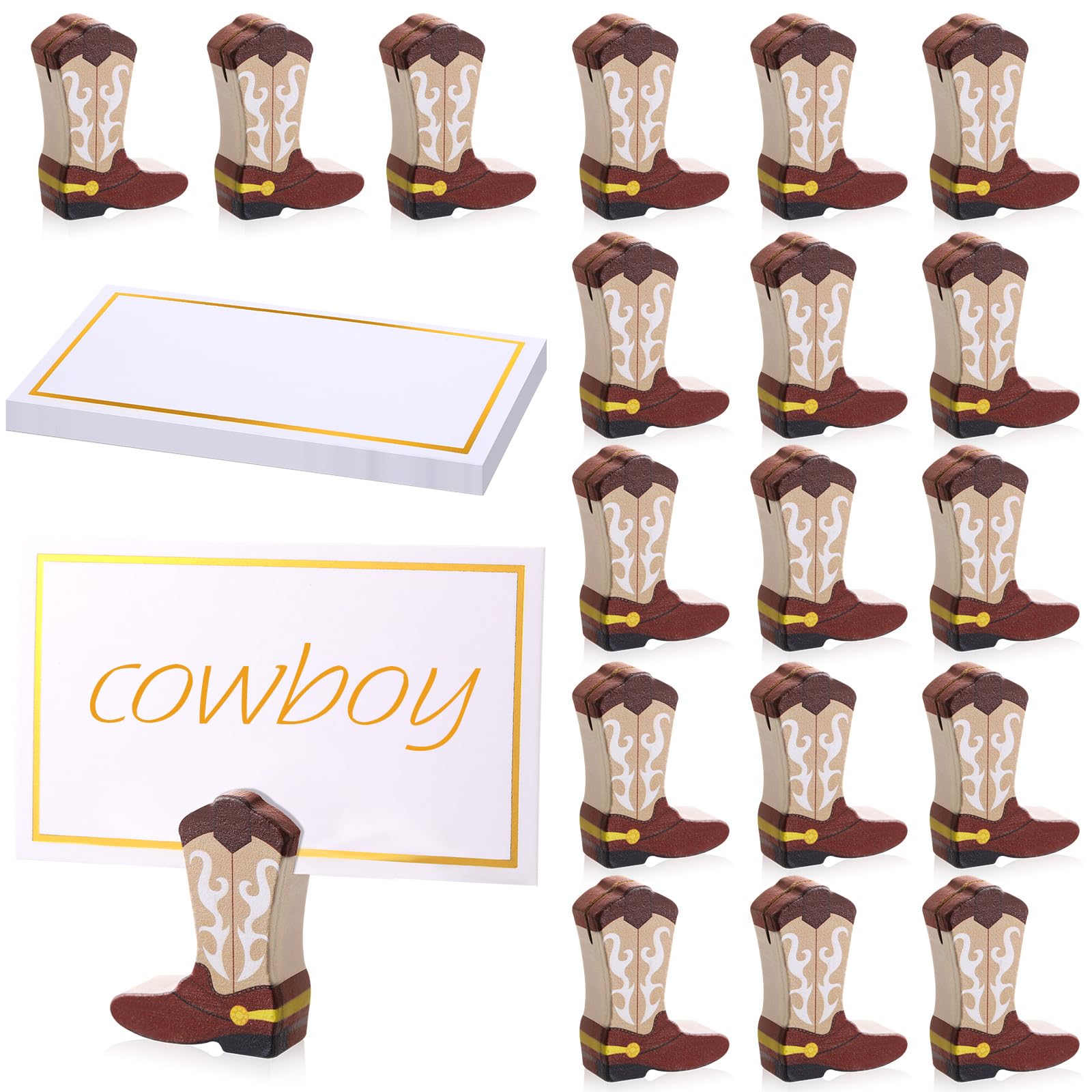 Photo 1 of Kigley 18 Pcs Mini Cowboy Boots Wooden Ornaments Place Card Holder and 25 Pcs Gold Foil White Card Picture Number Stands Holder Western Centerpieces for Tables Wedding Anniversary Party Events(Brown) 